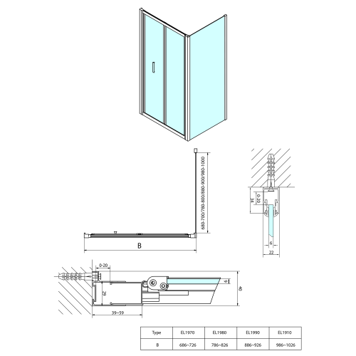 POLYSAN EASY LINE harmónikaajtó oldalfallal, 90x90 cm, transzparent üveg EL1990EL3315