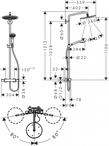 Hansgrohe Croma Select S Showerpipe 280 1jet termosztáttal és Raindance Select S 120 3jet kézizuhannyal, matt fekete 26890670