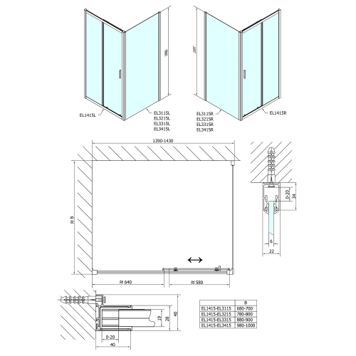 POLYSAN EASY LINE zuhanyajtó oldalfallal, 1400x900mm, transzparent üveg EL1415EL3315
