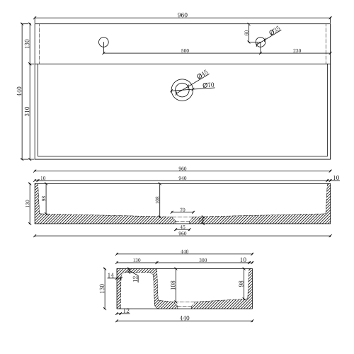 Sapho QUADRADO 96x44cm beton mosdó lefolyóval és 2 csaplyukkal, szürke gránit AR473