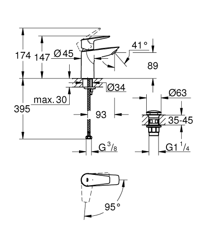 Grohe BauEdge egykaros mosdócsaptelep S-es méret, Cold Start klikk-klakkos leeresztővel 23899001