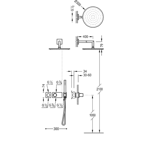 Tres Study Exclusive falsík alatti termosztátos zuhanyrendszer króm 20735201