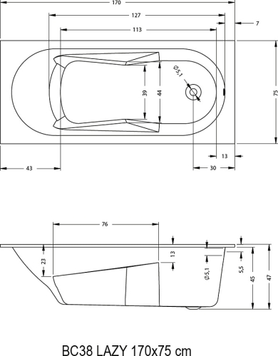 Riho Lazy 170x75 egyenes kád (BC38) B078001005