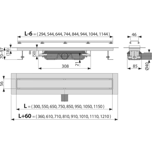 Alcaplast APZ115-1050 Marble Low Zuhanyfolyóka perem nélkül, burkolható ráccsal