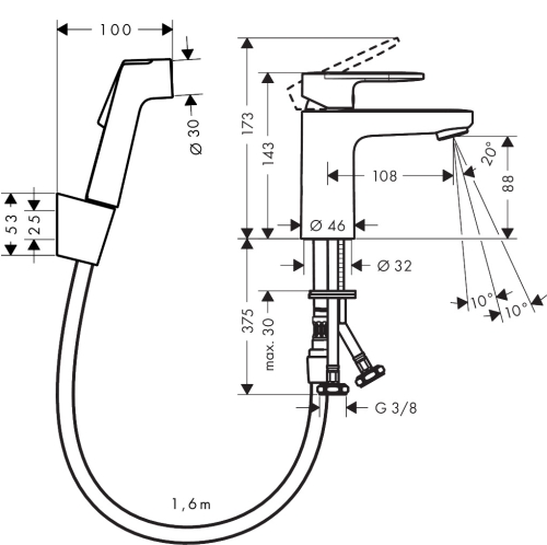 Hansgrohe Vernis Blend egykaros mosdócsaptelep 100, bidé kézizuhannyal és 160 cm-es zuhanytömlővel 71215000