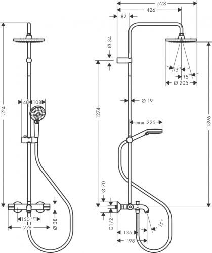 Hansgrohe Vernis Blend Showerpipe 200, 1 jet, termosztátos zuhanyrendszer kádtöltővel 26274000