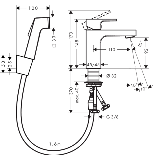 Hansgrohe Vernis Shape egykaros mosdócsaptelep 100, bidé kézizuhannyal és 160 cm-es zuhanytömlővel 71216000