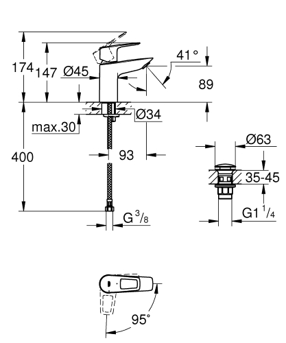 Grohe BauLoop egykaros mosdócsaptelep S-es méret click-clack-os leeresztővel, Cold Start 23883001