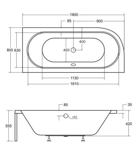 Besco Avita 180x80 cm-es aszimmetrikus kád jobbos