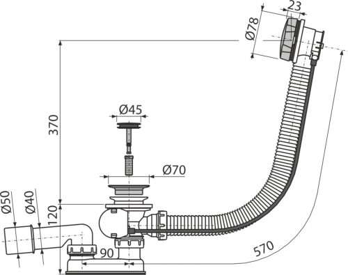 Alcaplast A55K-GM-P automata kádszifon készlet, GUN METAL-fényes