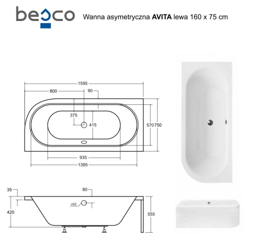 Besco AVITA 160x75 cm balos aszimmetrikus kád, fehér WAV-160-NL
