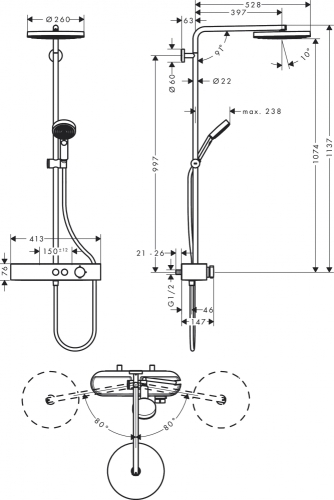 Hansgrohe Pulsify Showerpipe 260, 1 jet és ShowerTablet Select 400 króm 24220000