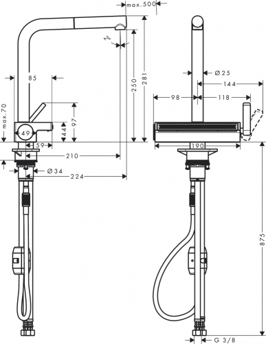 Hansgrohe Aquno Select M81 egykaros konyhai csaptelep 250, kihúzható fejjel, 2jet rozsdamentes acél hatású 73836800