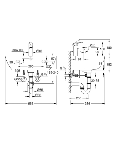 Grohe Bau Ceramic mosdó 55 + Start Edge egykaros mosdócsaptelep, kiegészítők szett 39471000