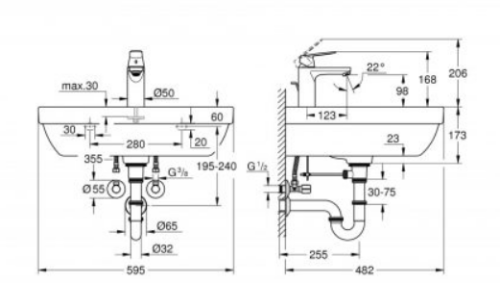 Grohe Euro Ceramic mosdó 60 + Eurosmart Cosmopolitan egykaros mosdócsaptelep, kiegészítők szett 39642000 (K)