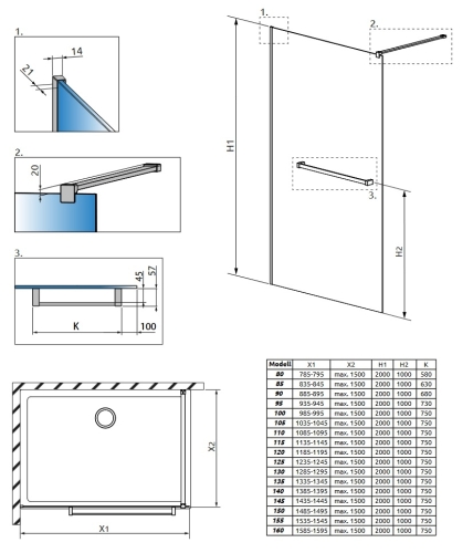 Radaway Modo New Black II Walk-in zuhanyfal törölközőtartóval, 130 cm 389134-54-01W
