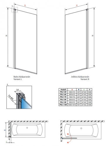 Radaway Nes Black PNJ I 80 J Frame kádparaván, jobbos 10011080-54-56R