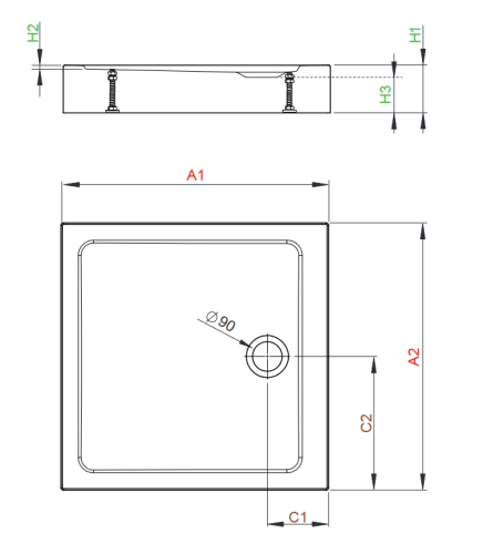 Radaway Doros Stone C 90x90 zuhanytálca előlappal szifonnal, fehér SDRC9090-05-04S