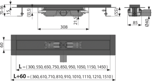 Alcaplast APZ101BLACK-1150 BLACK Low zuhanyfolyóka peremmel perforált rácsokhoz, fekete-matt