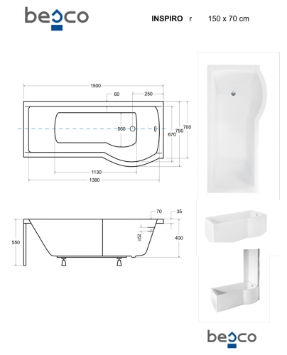 Besco Inspiro kád és kádparaván 150x70 cm, jobbos WAI-150-NPR
