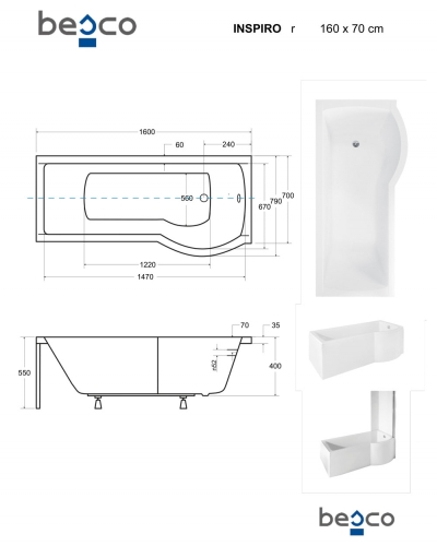 Besco Inspiro kád és kádparaván 160x70 cm, jobbos WAI-160-NPR