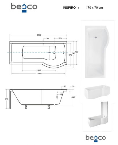 Besco Inspiro kád és kádparaván 170x70 cm, jobbos WAI-170-NPR