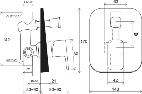 Ravak TD F 061.20, 10° Free black falba süllyesztett csaptelep váltóval, belső egységgel X070156