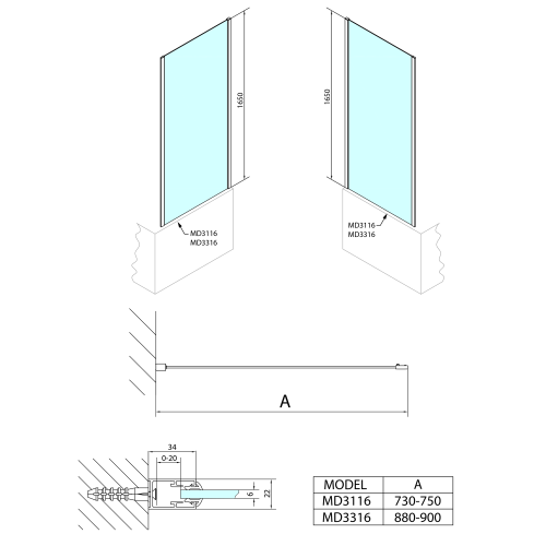 Sapho POLYSAN DEEP oldalfal, 1650x750mm, transzparent MD3116