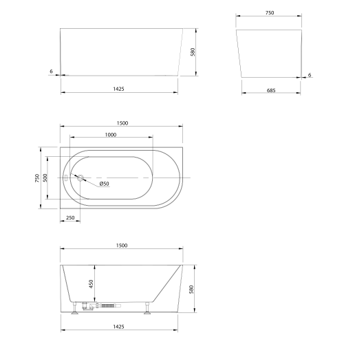 Sapho AQUALINE TIBERA L 150x75 cm szabadonálló akril kád, fehér E1046