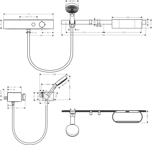 Hansgrohe WallStoris Kézizuhany szett 105, 3 jet EcoSmart Activation, termosztát, zuhanyrúd 70cm, tároló szett matt fekete 24250670