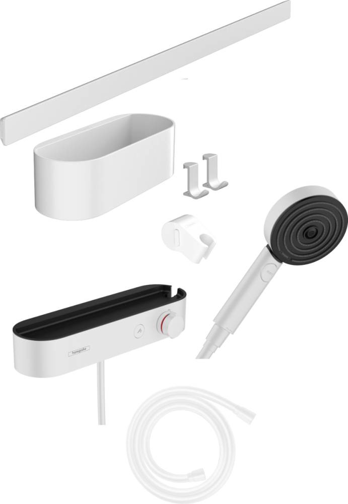 Hansgrohe WallStoris Kézizuhany szett 105, 3 jet EcoSmart Activation, termosztát, zuhanyrúd 70cm, tároló szett matt fehér 24250700