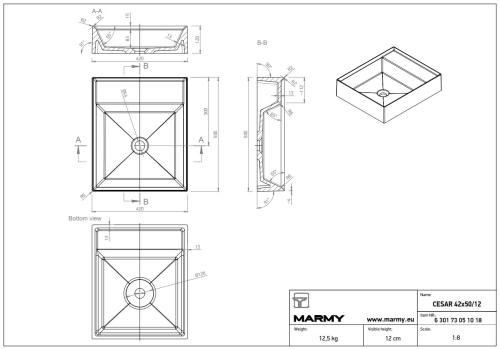 Marmy CESAR 42x50 cm öntöttmárvány mosdó, fehér 6 301 73 05 10 18 (K)