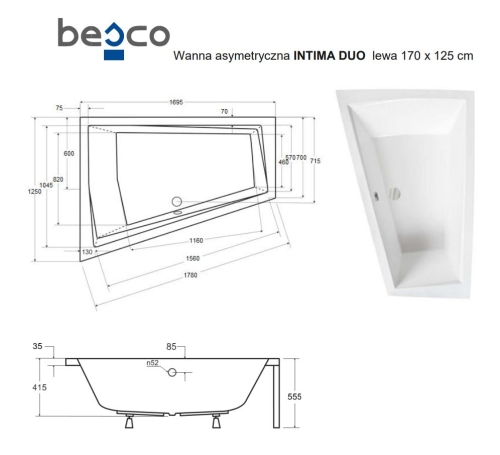 Besco INTIMA DUO 170x125 cm balos aszimmetrikus kád, fehér WAID-170-NL