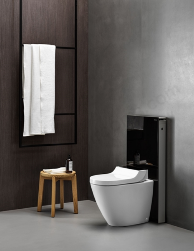 Geberit AquaClean Tuma Comfort álló WC komplett higiéniai berendezés, falhoz illeszthető szálcsiszolt rozsdamentes acél 146.310.FW.1