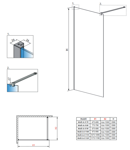 Radaway Nes Black Walk-in II Frame zuhanyfal 90 cm 10013090-54-56