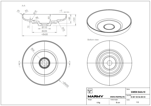 Marmy GWEN 40 cm ráültethető öntöttmárvány mosdó, matt fehér 6 301 52 04 00 33 (K)