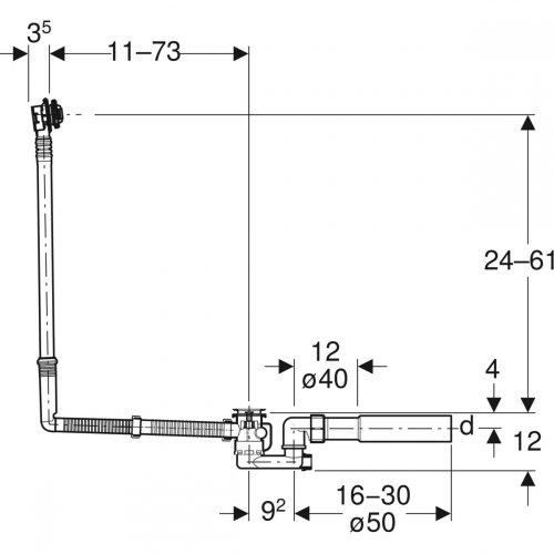 Geberit excenteres kádlefolyó készlet, d52, beépítő készlettel, speciális méret 150.525.21.6