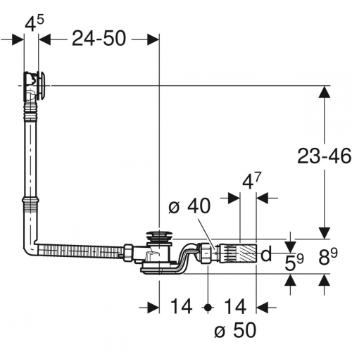 Geberit PushControl nyomó működtetésű kádlefolyó készlet, d52, 50 cm-es hossz, beépítő készlethez 150.751.21.6