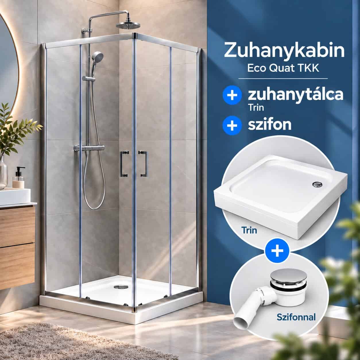 Kolpa-San Eco Quat TKK 80x80 cm szögletes zuhanykabin Trin előlapos zuhanytálcával, króm