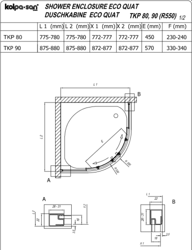 Kolpa-San Eco Quat TKP 80x80 cm negyedköríves zuhanykabin ezüst profillal + Ontex előlapos zuhanytálca + szifon