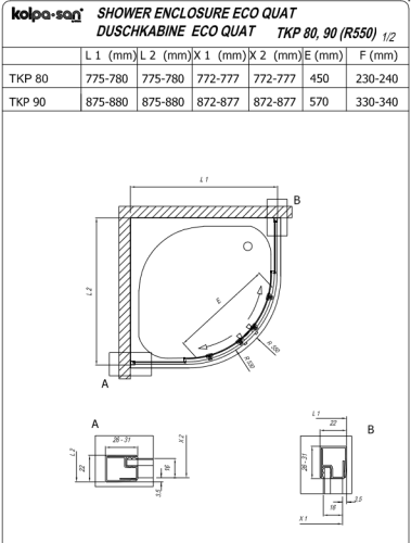 Kolpa-San Eco Quat TKP 80x80 cm negyedköríves zuhanykabin matt fekete profillal + Ontex előlapos zuhanytálca + szifon