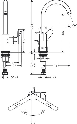 Hansgrohe Rebris S egykaros mosdócsaptelep 210, elforgatható kifolyóval és automata lefolyógarnitúrával, matt fekete 72536670