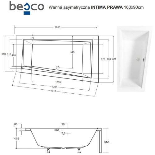 Besco INTIMA 160x90 cm jobbos aszimmetrikus kád, fehér WAIT-160-NP