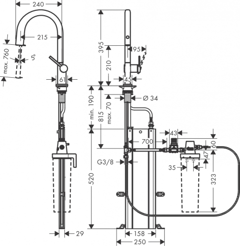 Hansgrohe Aqittura M91 Vízszűrős konyhai csaptelep 210, kihúzható zuhanyfejjel, 1jet, sBox szereléssel, matt fekete 76826670