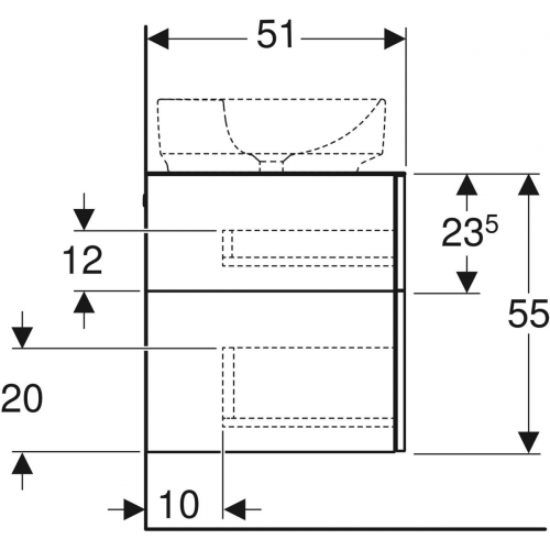 Geberit VariForm alsó szekrény pultra ültethető mosdóhoz, három fiókkal és bűzzárral, 120x55x51cm, magasfényű festett/fehér, fehér/matt 501.183.00.1