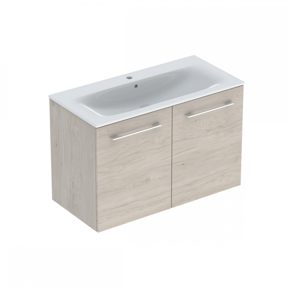Geberit Selnova Square mosdószekrény, keskeny peremű mosdóval, két ajtós, 98.8x50.2cm, melaminos faszerkezet világos hikoridió 501.263.00.1