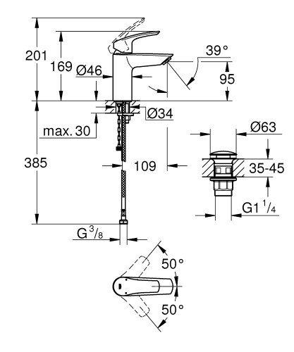 Grohe Eurosmart egykaros mosdó csaptelep klikk-klakk leeresztővel, S-es méret 23988003