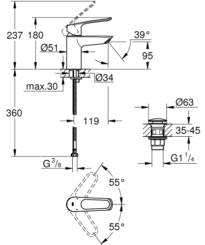 Grohe Eurosmart egykaros mosdó csaptelep klikk-klakk leeresztővel, S-es méret 23980003