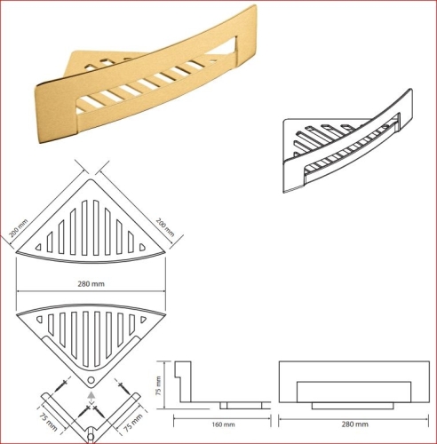 Sapho BEMETA SABLO fali polc, 280x75x160mm, matt arany 160208280