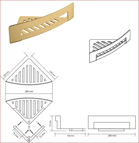 Sapho BEMETA BRILO fali polc, 280x75x160mm, arany 161208280